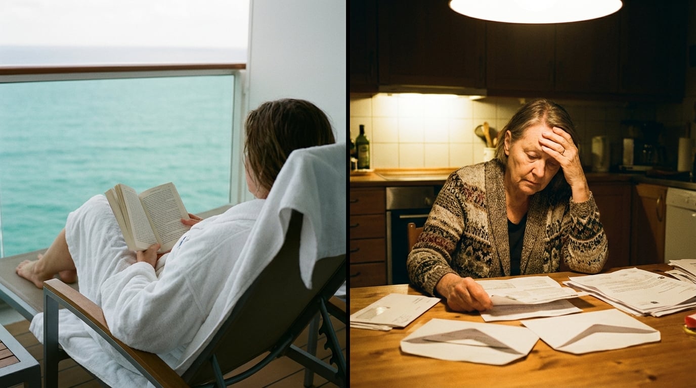 Contrast between dream vacation and struggling with bills